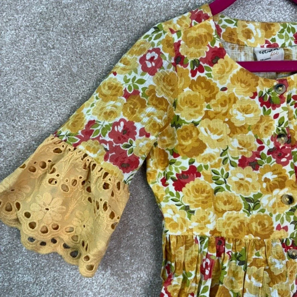 UTSA KIDS‎ Dress Girls 7/8 Yellow Cotton Floral Boho Youth Kids